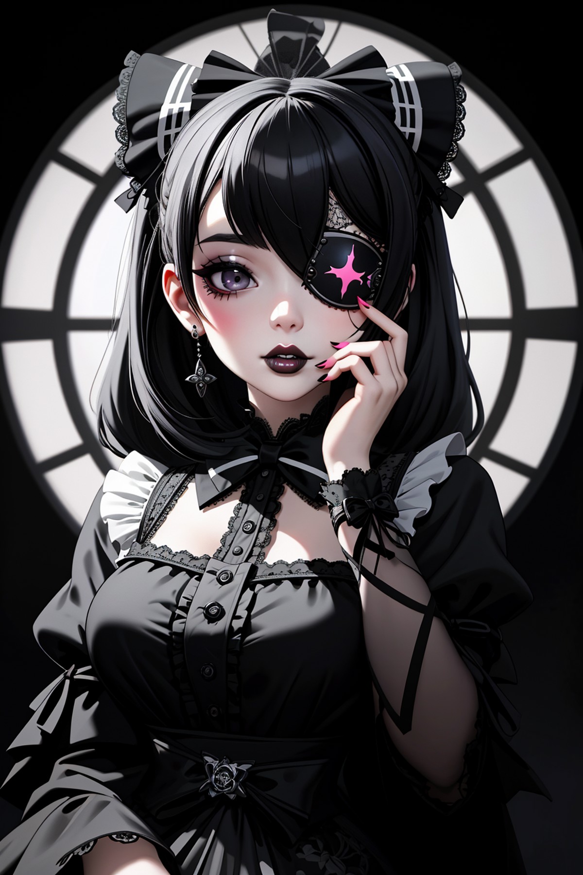 ((Masterpiece, best quality)), edgQuality,bimbo,glossy,
GothGal, a woman in a black and white dress,ribbon,lace,goth print...